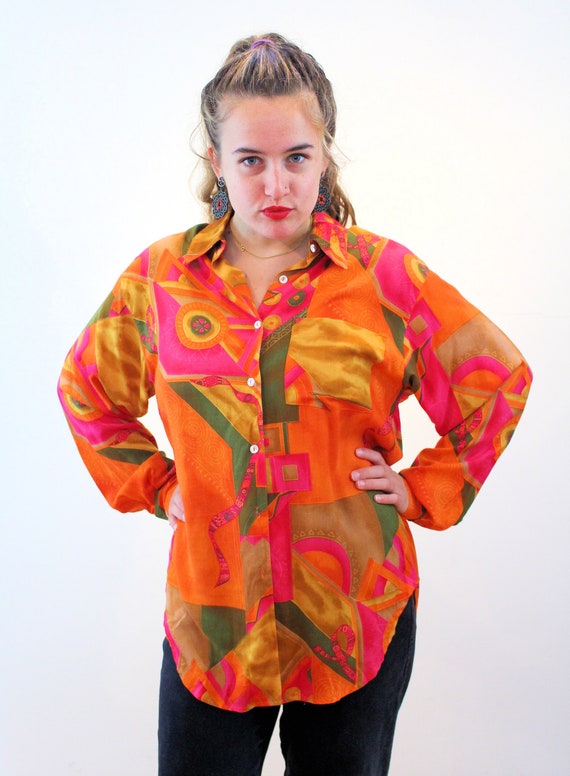 90s Bright Colorful Shirt M, Vintage Orange Pink Geometric