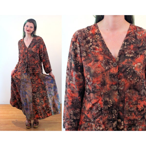Robe Batik indonésienne des années 90 S M, vintage Orange Rayon Two Piece Fall Boho Mixed Prints « World Unique » Hippie Top &Jupe Set, Small Medium
