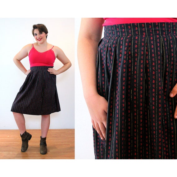 50s Paisley Striped Skirt L XL, Vintage Black Red… - image 1