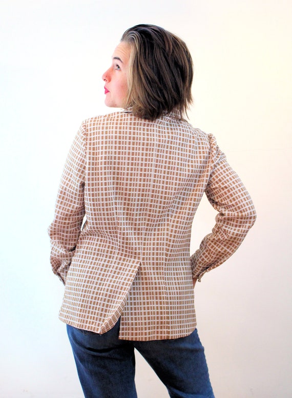 70s Mod Checkered Blazer M, Vintage Tan White Gri… - image 3