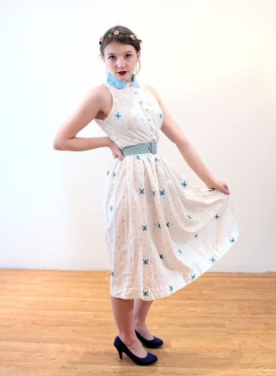 50s Embroidered Butterfly Dress XS, Vintage White… - image 4