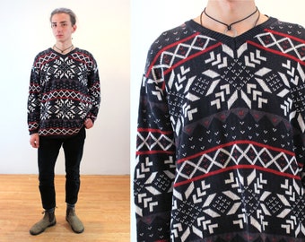 90s Snowflake Sweater L XL, Vintage Black White Red Ramie Cotton "Prides Landing" Unisex V Neck Patterned Pullover, Men's Large, Women's XL