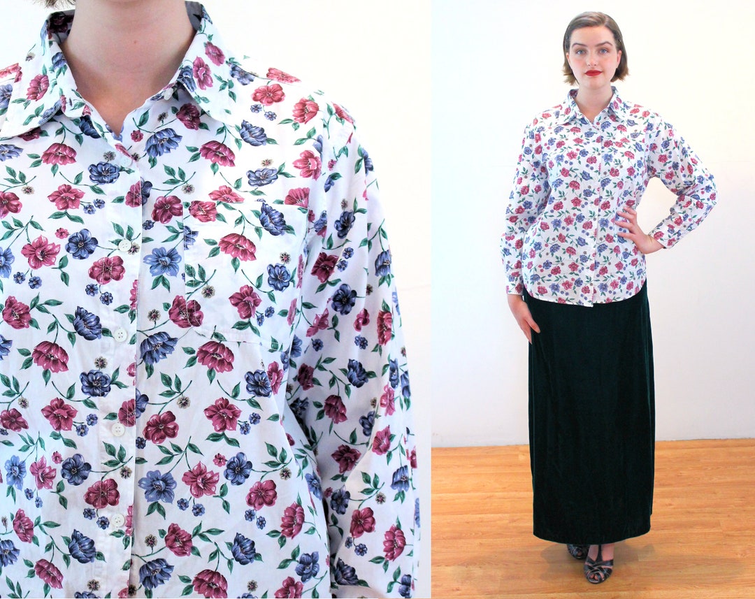 90s White Floral Shirt S M L Vintage India Blue Dusty Rose - Etsy Sweden