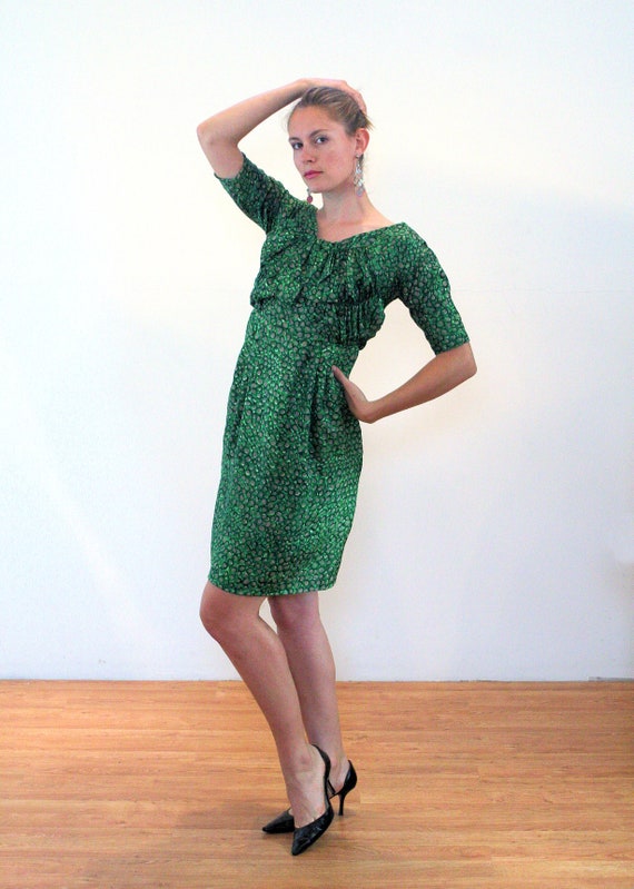 50s Green Silk Cocktail Dress M, Vintage "David L… - image 2