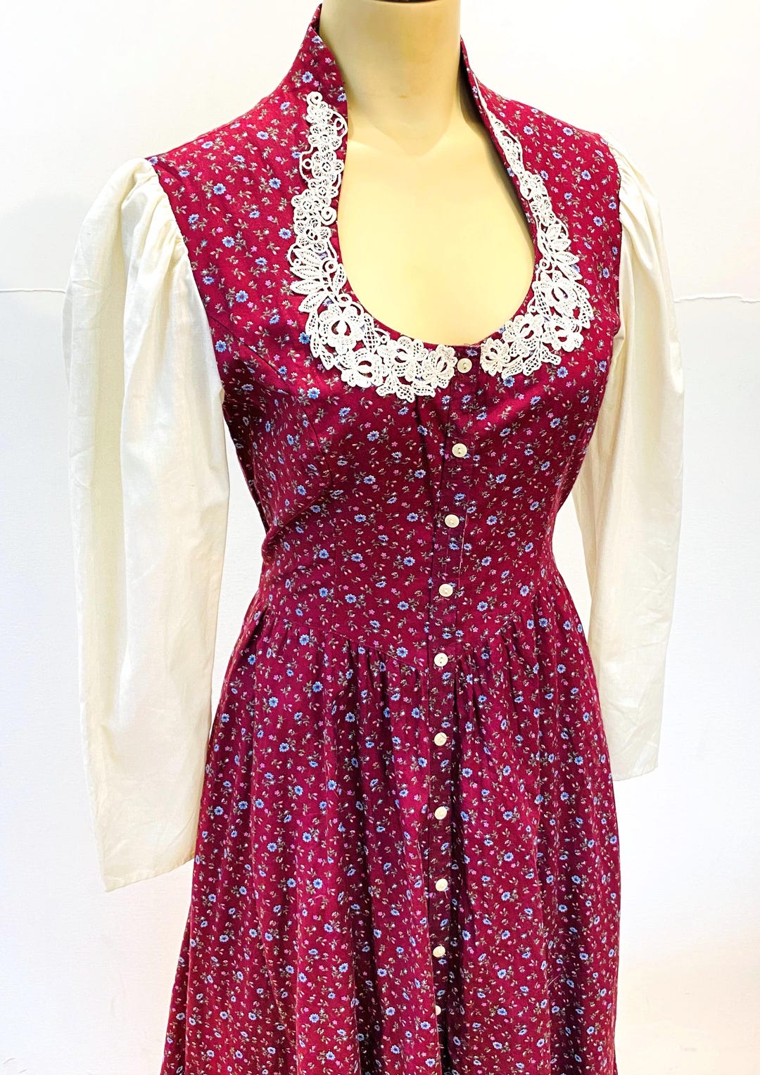 70s Gunne Sax Prairie Dress XS S, Vintage Burgundy Red Calico Floral ...