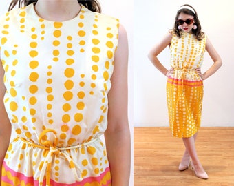 60s Mod Polka Dot Dress XS, Vintage Yellow Pink NOS Funky Clowncore Colorful Shift Dress NWT, As Is, Extra Small