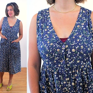 90s Floral Sundress M, Vintage Blue Rayon Erika Petites Sleeveless Boho Casual Summer Midi Dress, Medium image 1