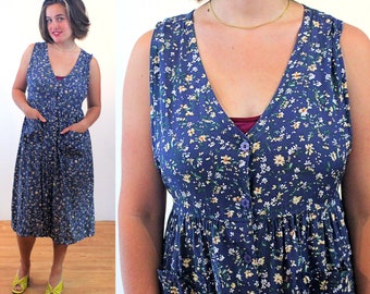 90s Floral Sundress M, Vintage Blue Rayon "Erika Petites" Sleeveless Boho Casual Summer Midi Dress, Medium