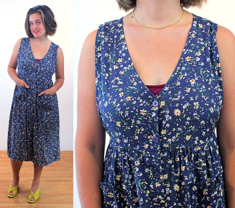 90s Floral Sundress M, Vintage Blue Rayon Erika Petites Sleeveless Boho Casual Summer Midi Dress, Medium image 1