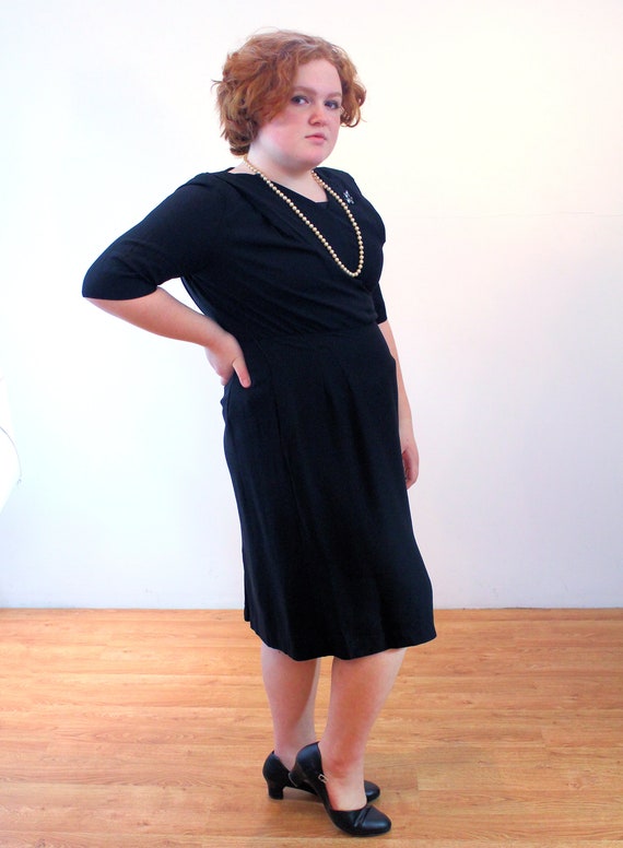 50s Black Cocktail Dress XL, Vintage Plus Size Cu… - image 2