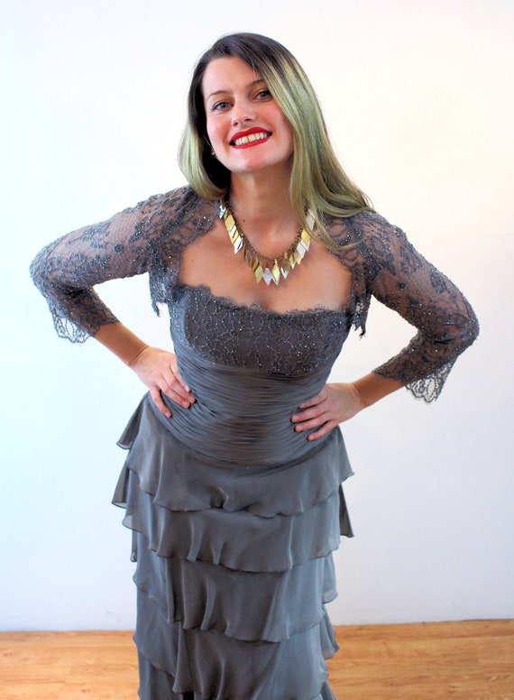 Buy Y2K "rickie Freeman for Teri Jon" Lace Gown & Bolero S, Vintage Gray  Silk Mob Wife Beaded Long Formal Dress Evening Jacket Set, Small Online in  India - Etsy