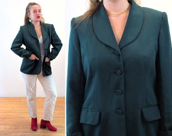 90s Laura Ashley Jacket M, Vintage Dark Green Classic Tailored Wool Blend Gabardine Shawl Collar Blazer Made in Great Britain, Medium