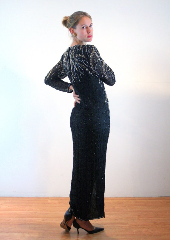 80s Silk Beaded Dress M, Vintage Black Sequin Pea… - image 3