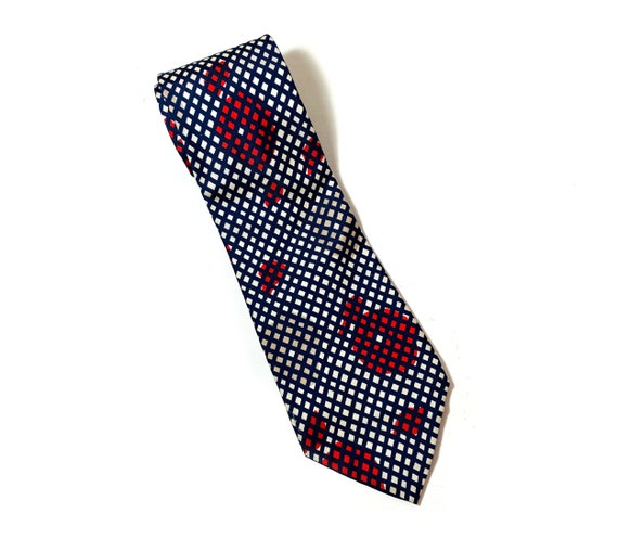 80s LANVIN Silk Tie, Vintage Navy Blue Red Tan Ge… - image 1