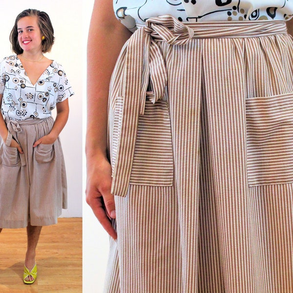 60s Seersucker Wrap Skirt S M, Vintage Tan Pinstripe "Andrew McMullan" Retro Simple 1960s A-Line Skirt with Pockets, Small Medium