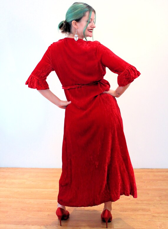 60s Red Velvet House Dress S, Vintage Crimson Dou… - image 3