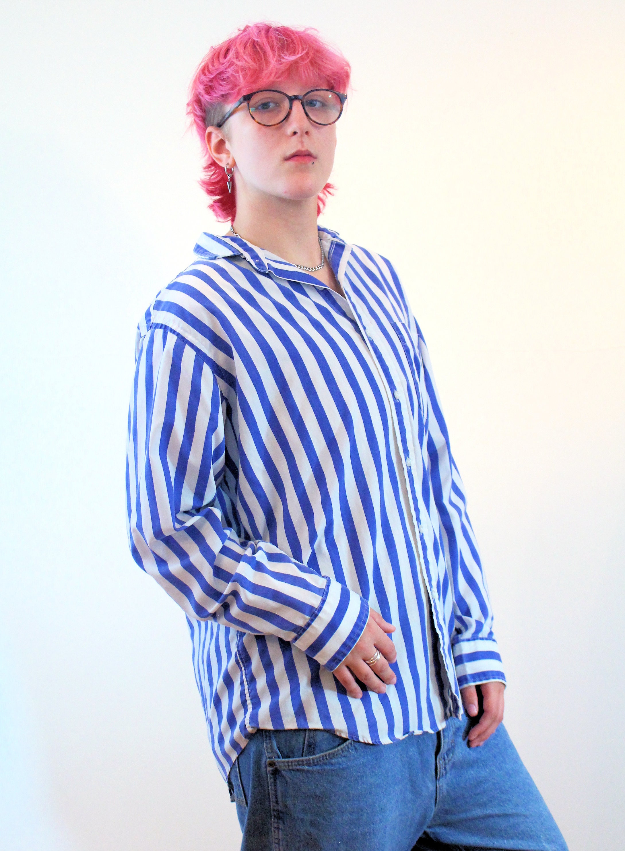 80s Wide Striped Button up Shirt L XL Vintage Blue White - Etsy