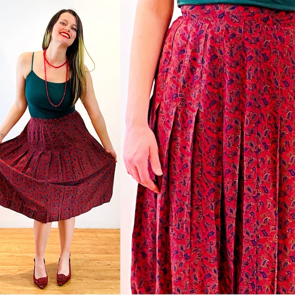 80s "Royal Silk" Paisley Skirt S, Vintage Red Navy Pleated Classic Refined Crepe de Chine A-Line Skirt, Small