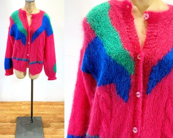 80s Colorblock Mohair Sweater M, Vintage Hot Pink Green Blue Abstract Rave Fuzzy Soft Colorful Button Up Mohair Cardigan, Medium