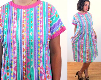 70s Colorful Print Summer Dress M L, Vintage Pink Green Pleated Cotton Mod "Matti of Lynne" Preppy Maximalist Shift, Medium Large