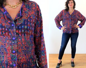 90s Victoria's Secret Pajama Shirt M, Vintage Red Purple Sheer Chiffon Checkered Print Glam PJs Lingerie Blouse, Medium