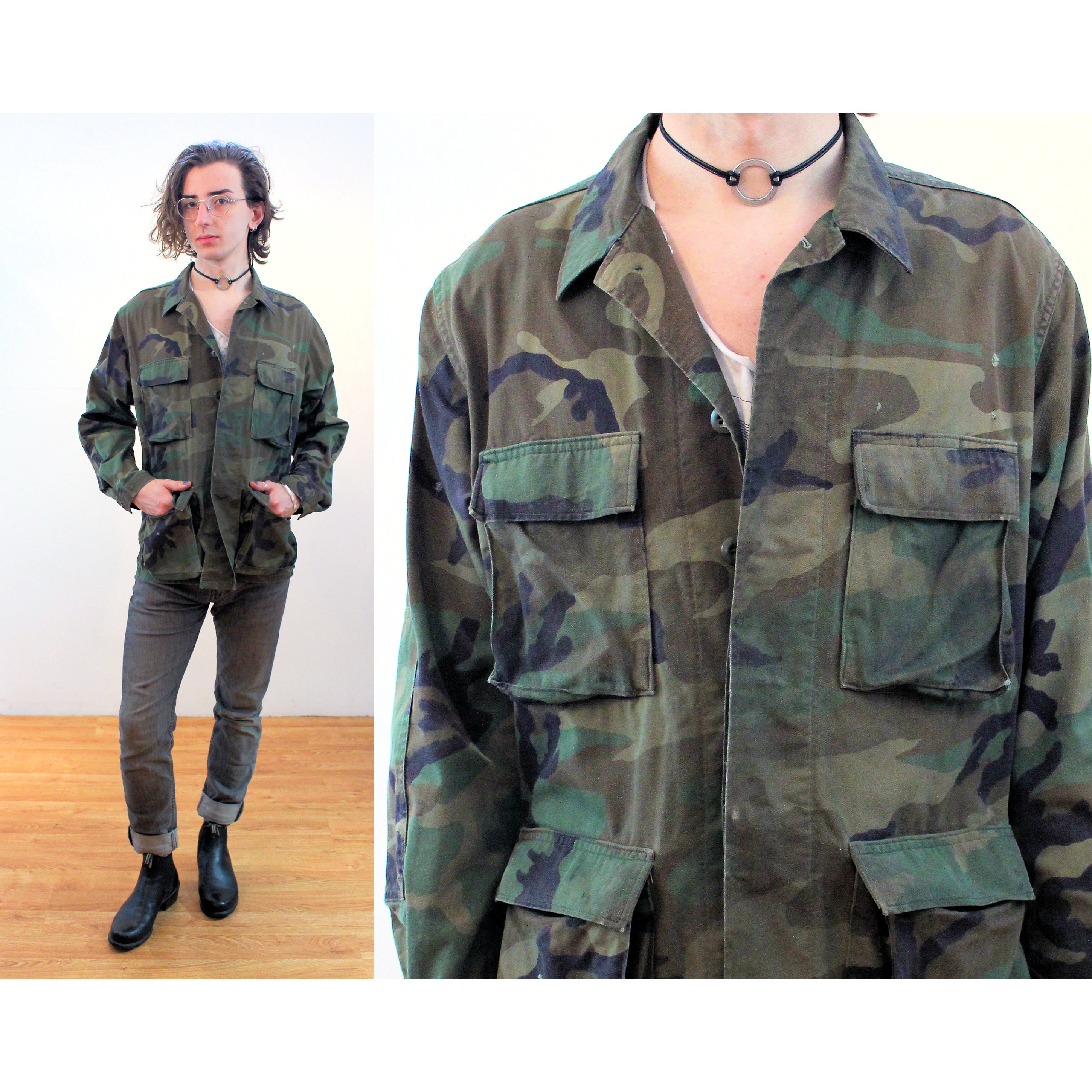 60s Camo Jacket S Regular, Vintage Olive Drab Woodland Camouflage