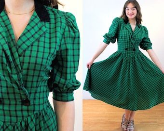 80s Green Plaid Dress M, Vintage Full Skirt Bishop Half Sleeve Double Breasted "J Ellis" Corduroy Collar Fit and Flare Dress, Medium