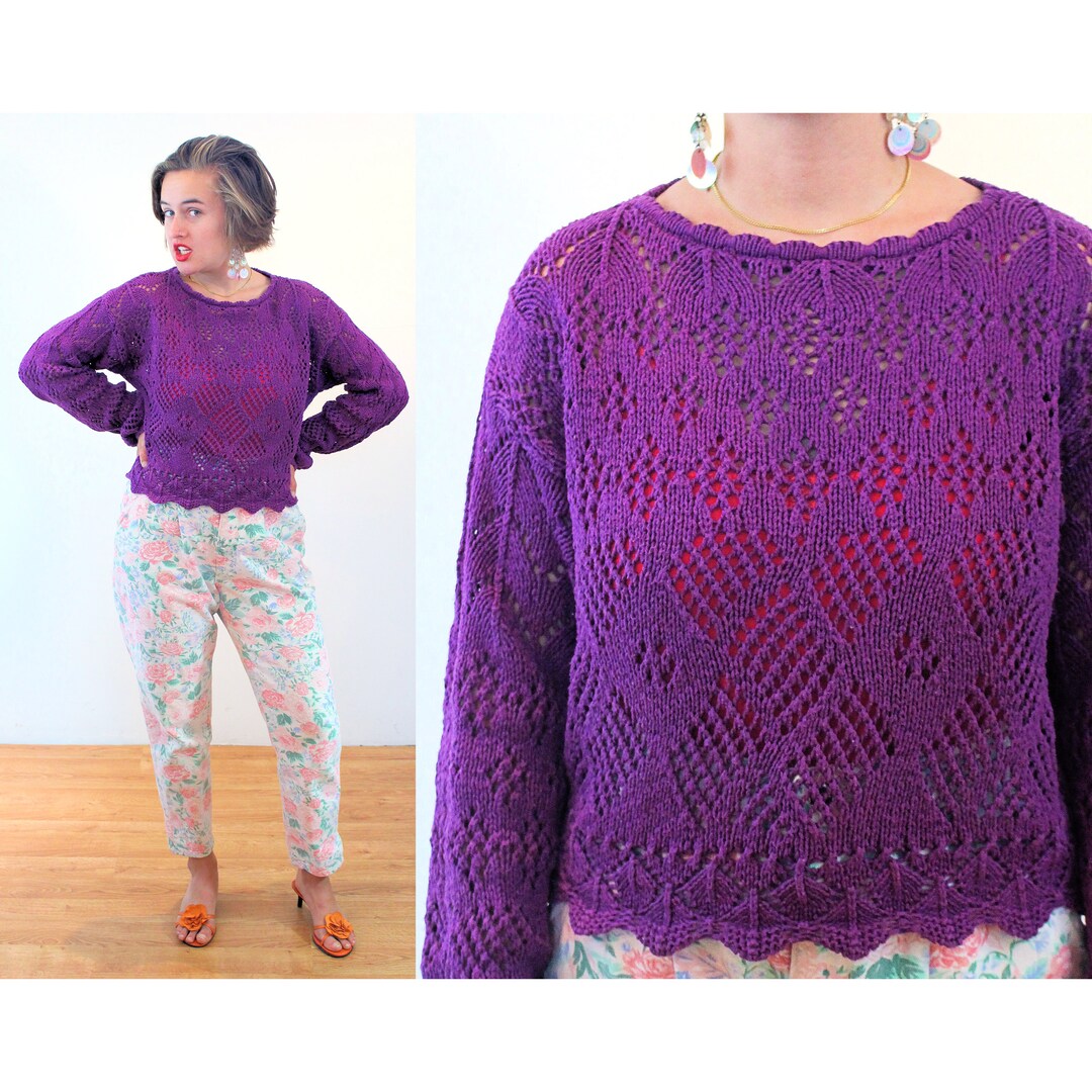 80s Cotton Crochet Sweater M, Vintage Purple jay Jacobs Open Weave Knit