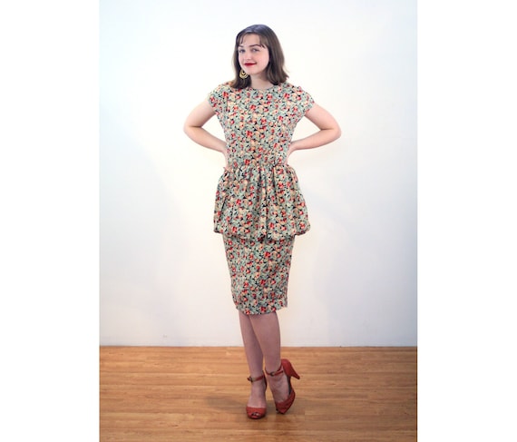 80s Peplum Dress M, Vintage Green Pink Cherry Blossom Floral Print paquette  Too 40s Style Retro Crepe Cocktail Dress, Medium -  Canada