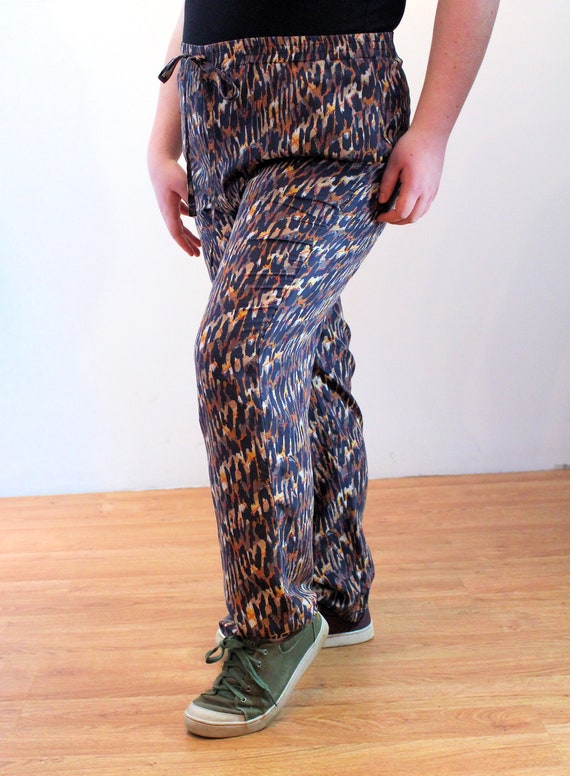 90s Silk Leopard Print Pants XL, Vintage Brown Bl… - image 4