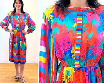 80s Anne Crimmins Silk Dress M, Vintage Vibrant Colorful Maximalist Mixed Prints Umi Collections Hong Kong Dress, Medium