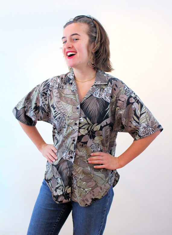 80s Tiger Print Shirt M, Vintage Tropical Earth Tone "Caribou" Leopard Hawaiian Blouse, Medium