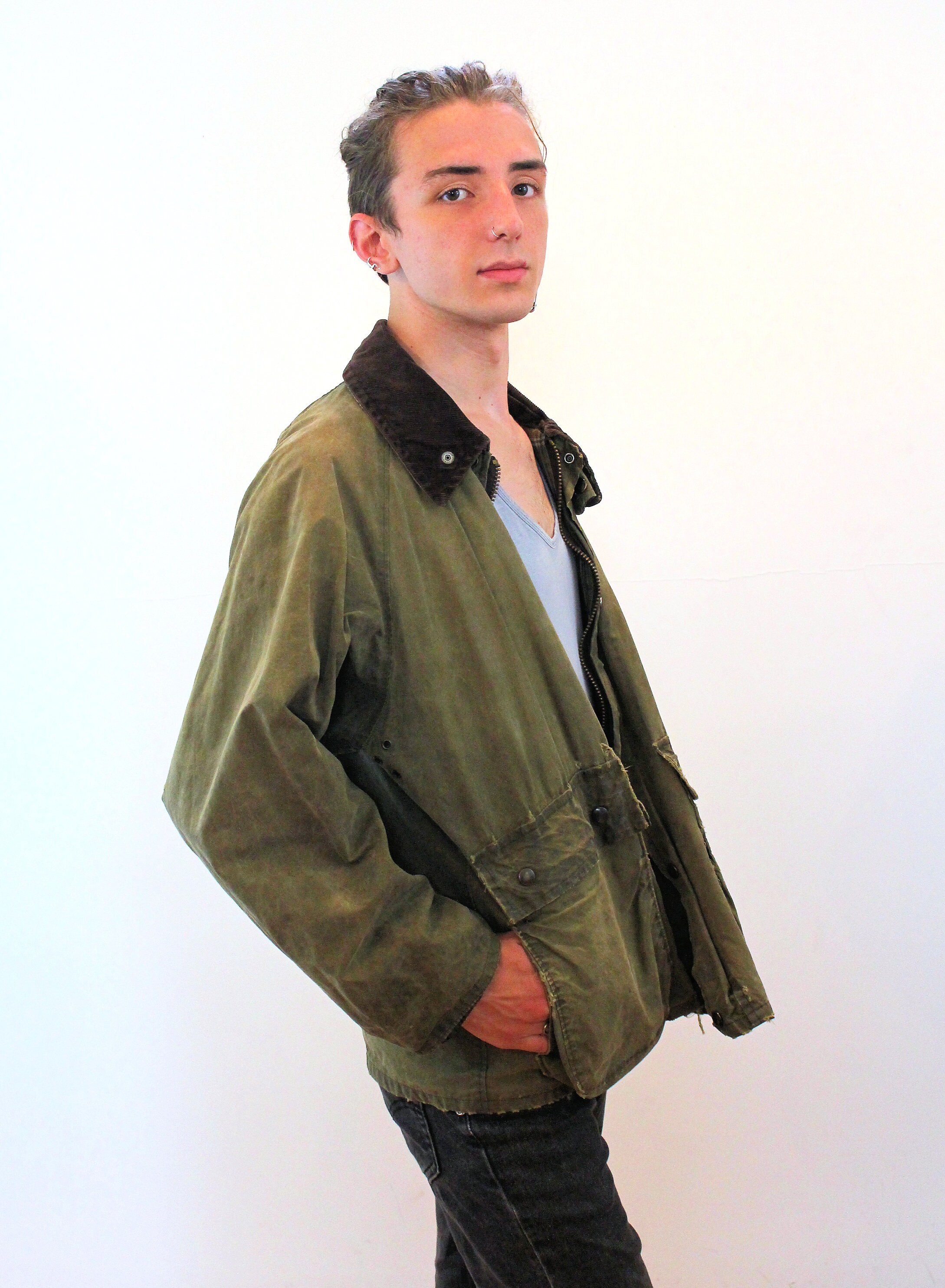80s Oil Cloth Chore Coat M L Vintage Distressed Waxed Olive