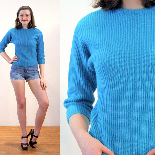 80s Blue Tiny Fit Sweater XXS, Vintage Simple Crew Neck Plain "Kristina" Basic Ribbed Knit Pullover Jumper, Youth Small, Women's Extra Small