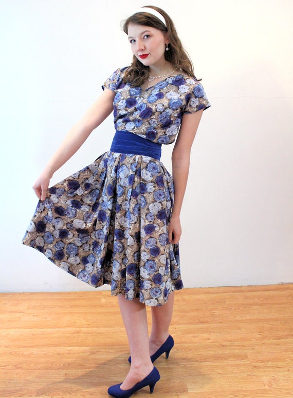 50s Floral Party Dress XS, Vintage Blue Satin Two… - image 4