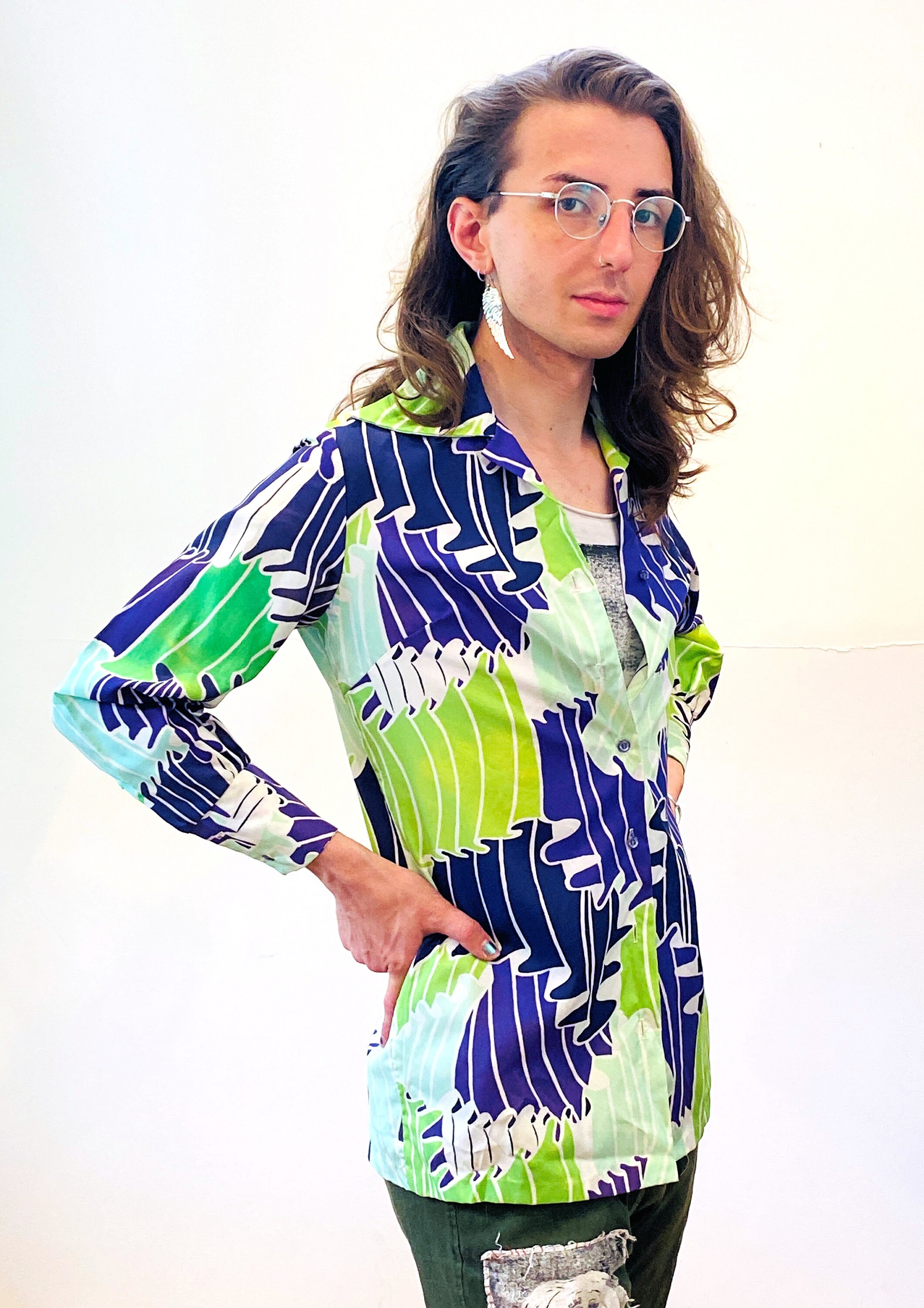 70s Mod Blouse M, Vintage Chartreuse 