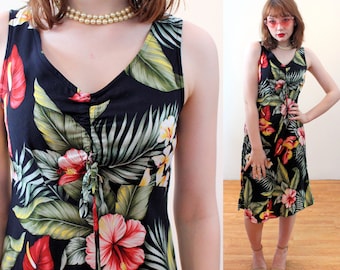 90s "Hilo Hattie" Hawaiian Dress XS, Vintage Black Green Tropical Hibiscus Print Rayon Summer Sundress, Extra Small