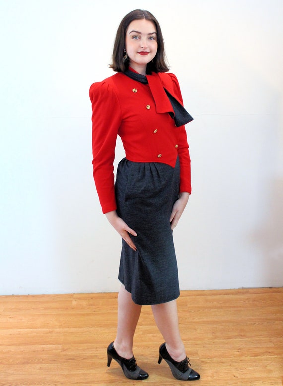 80s Military Style Dress M, Vintage Red Gray Doub… - image 2