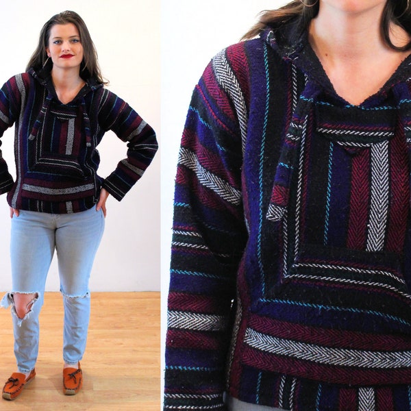 90s Striped Baja Hoodie S, Vintage Blue Black Purple Soft Hippie Grunge Mexican Drug Rug Beach Sweater, Small