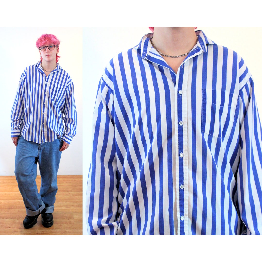 80s Wide Striped Button up Shirt L XL Vintage Blue White - Etsy Denmark