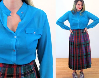 80s Blue Chiffon Blouse M, Vintage Turquoise Sheer "Upper Class" See Through Classic Button Up Shirt, Medium