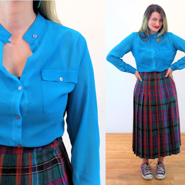 80s Blue Chiffon Blouse M, Vintage Turquoise Sheer "Upper Class" See Through Classic Button Up Shirt, Medium