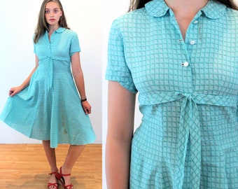 50s Windowpane Plaid Dress S, AS IS, Vintage Aqua Blue Cotton Fit & Flare Dress, Cutter Project Piece, Small