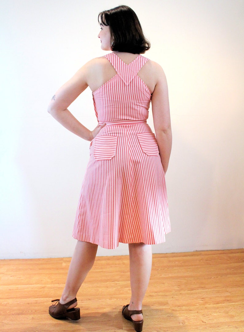 70s Candy Stripe Overalls Dress S Small Red White Vintage Suspenders Sundress