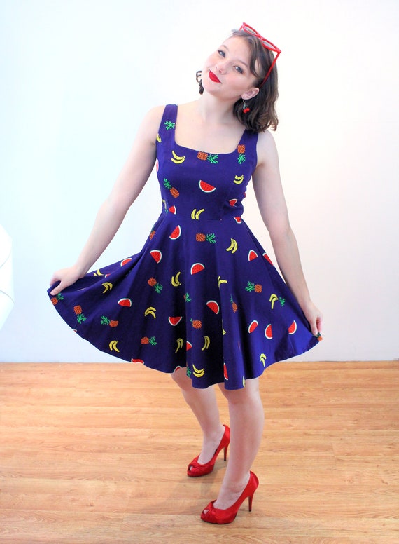 90s Fruit Print Dress XS, Vintage Blue Cute Novel… - image 4