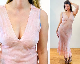 1930s Sheer Pink Nightgown S, Vintage Pastel Pink and Blue Trim Cotton Lawn Light See-Through 30s 40s Lingerie Dress, Small