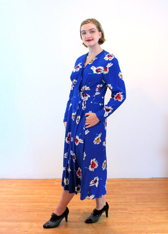 90s Liz Claiborne Wrap Dress M, Vintage Blue Flor… - image 4