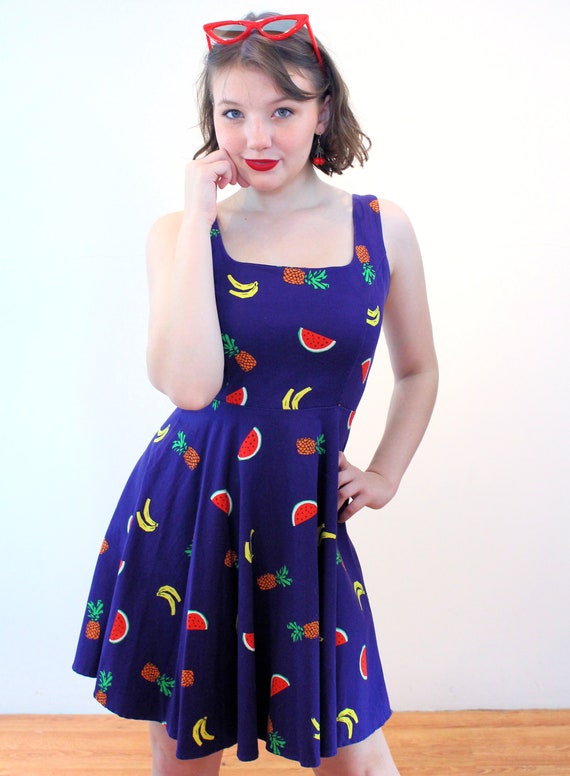 90s Fruit Print Dress XS, Vintage Blue Cute Novel… - image 5
