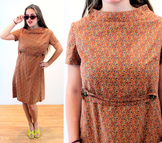 60s Paisley Tent Dress M, Vintage Orange Ditsy Pr… - image 1