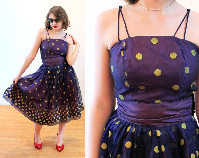 50s Polka Dot 2 Piece Party Dress XS Vintage Gold Metallic & Etsy
